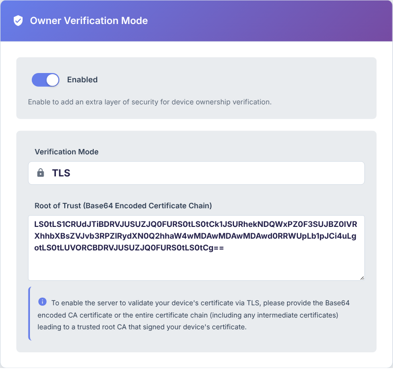 Owner Verification Mode section: TLS mode with a Base64 encoded certificate chain as root of trust