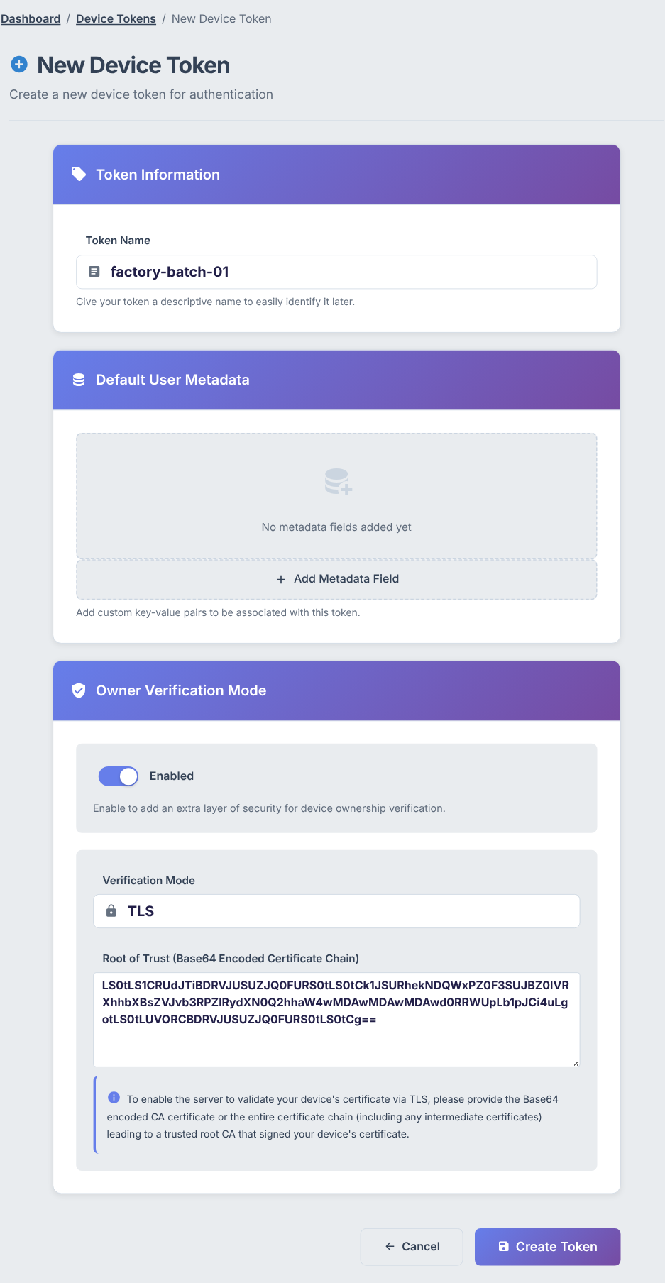 New device token form with owner verification enabled and TLS mode selected